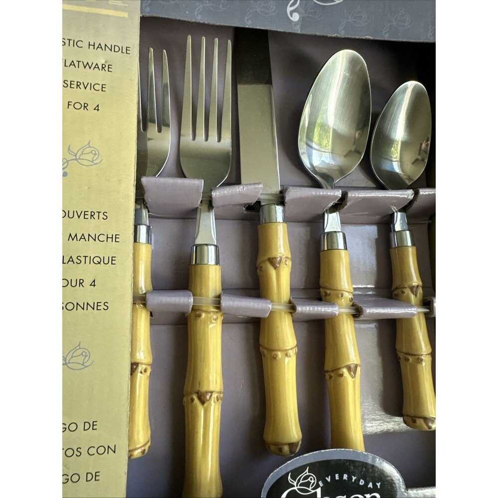Faux Bamboo Flatware Silverware 20 Pc Plastic Stainless Steel Ugly retro NIB